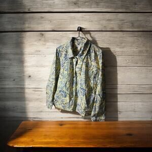 Womens Size XL Appleseeds Yellow/Blue Floral Button Up Jacket Side Pockets Retro
